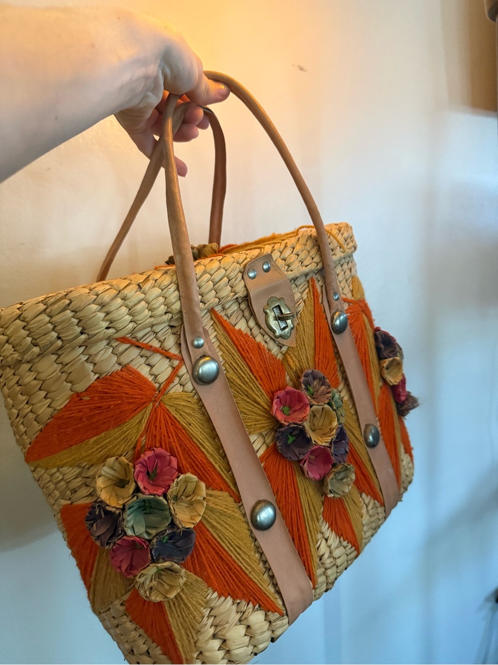 VTG Large Basket Purse Woven Straw Tote with Orange Floral Embroidery - Picture 1 of 6